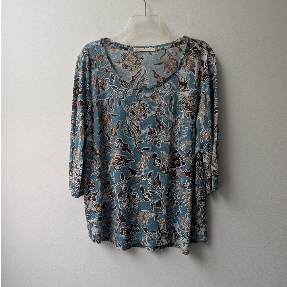 Peruvian Connection Top Blue Floral Pima Cotton 3/4 Sleeve Lightweight XL Boho